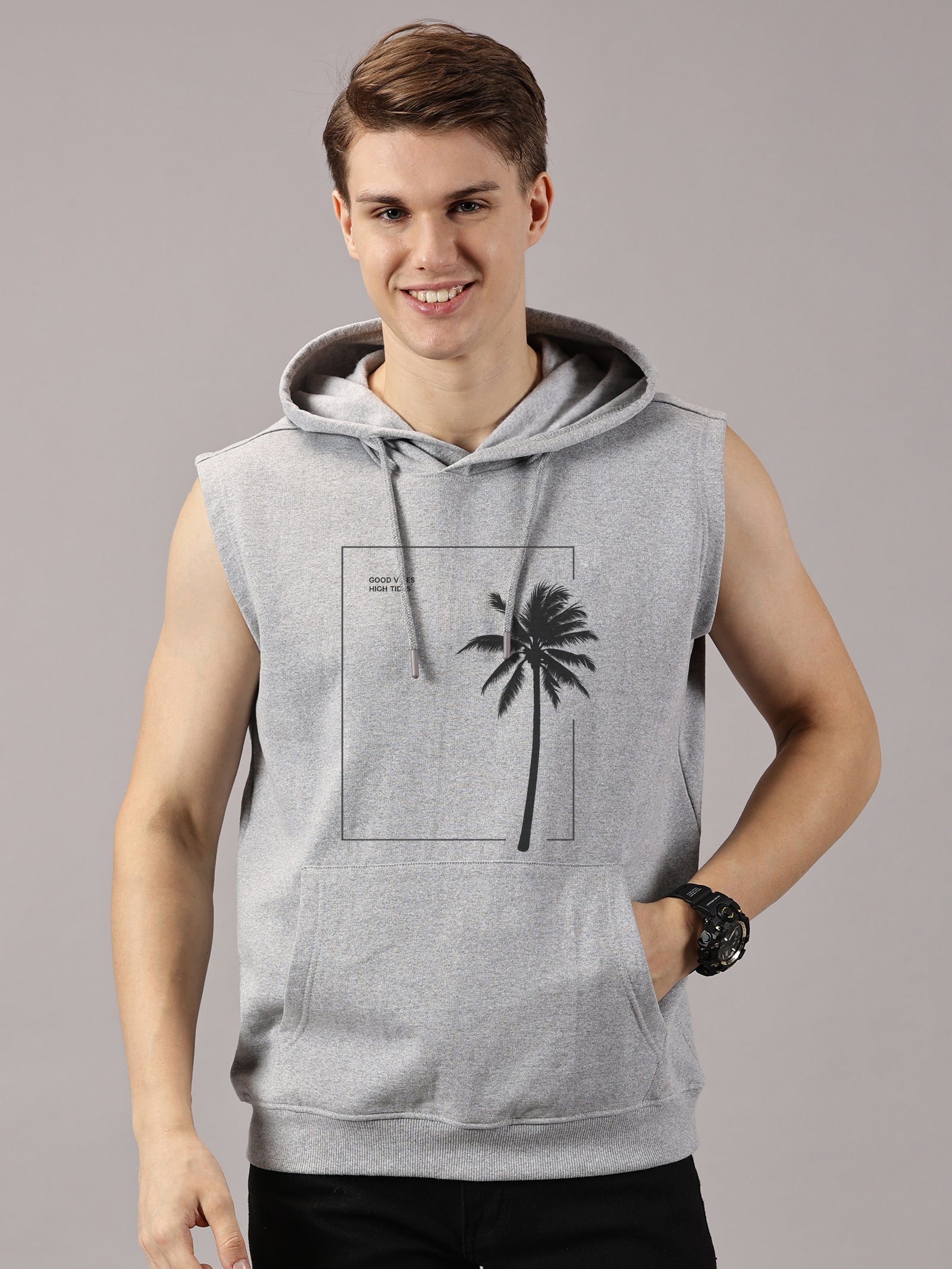 Sweatshirt ::Good Vibes Printed Sleeveless Hoodie