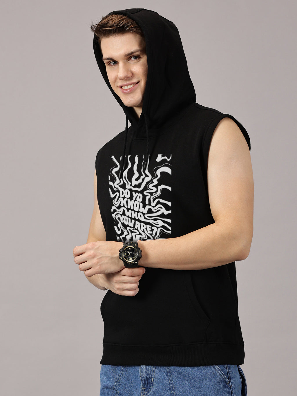 Sweatshirt :Do you know Printed Sleeveless Hoodie