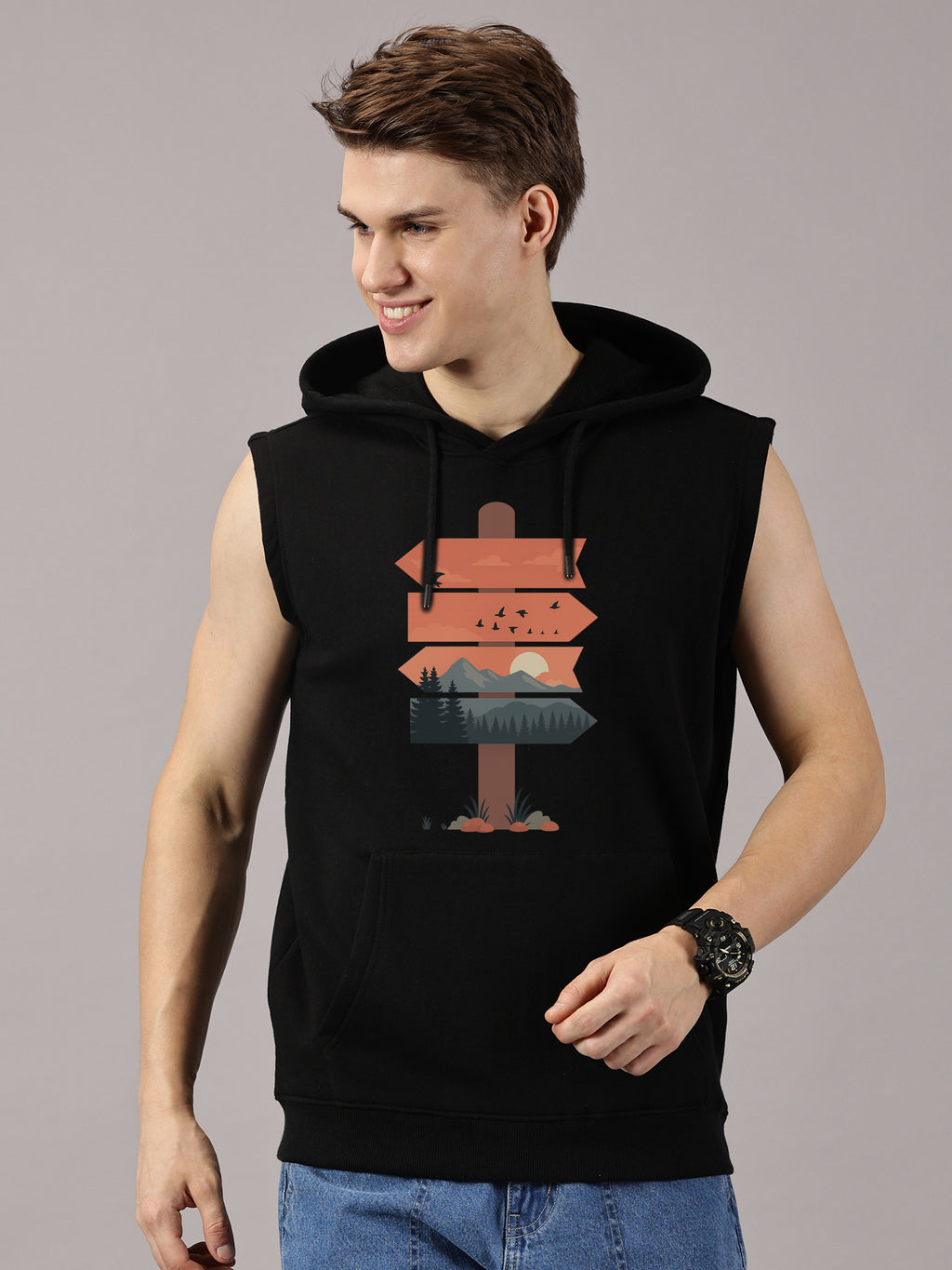 Sweatshirt :: Nature Board Printed Sleeveless Hoodie