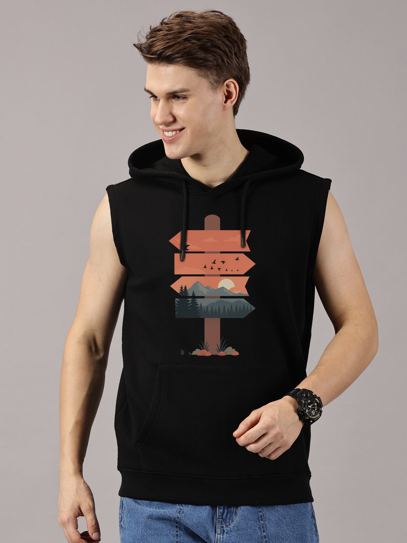 Sweatshirt :: Nature Board Printed Sleeveless Hoodie