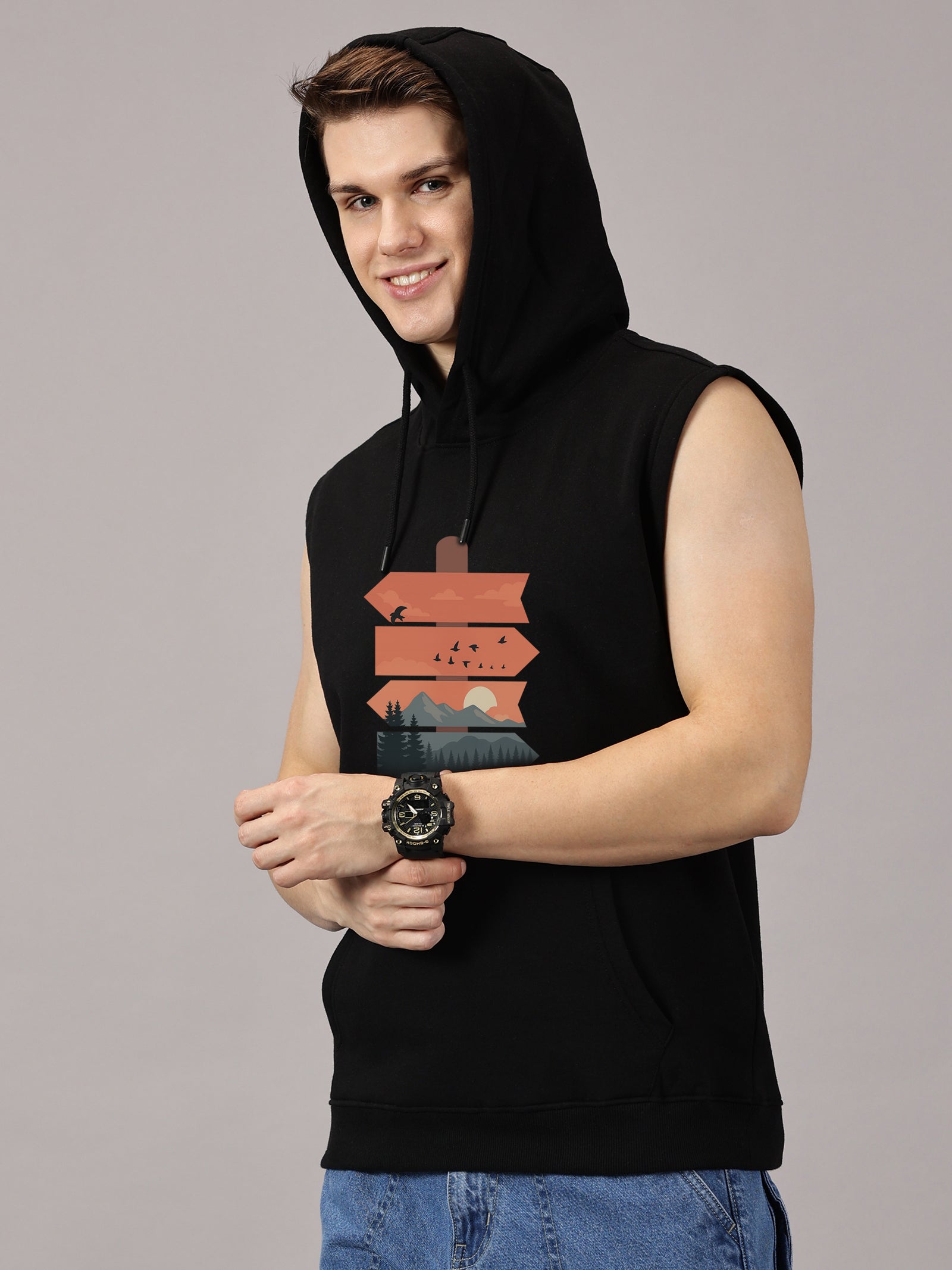 Sweatshirt :: Nature Board Printed Sleeveless Hoodie