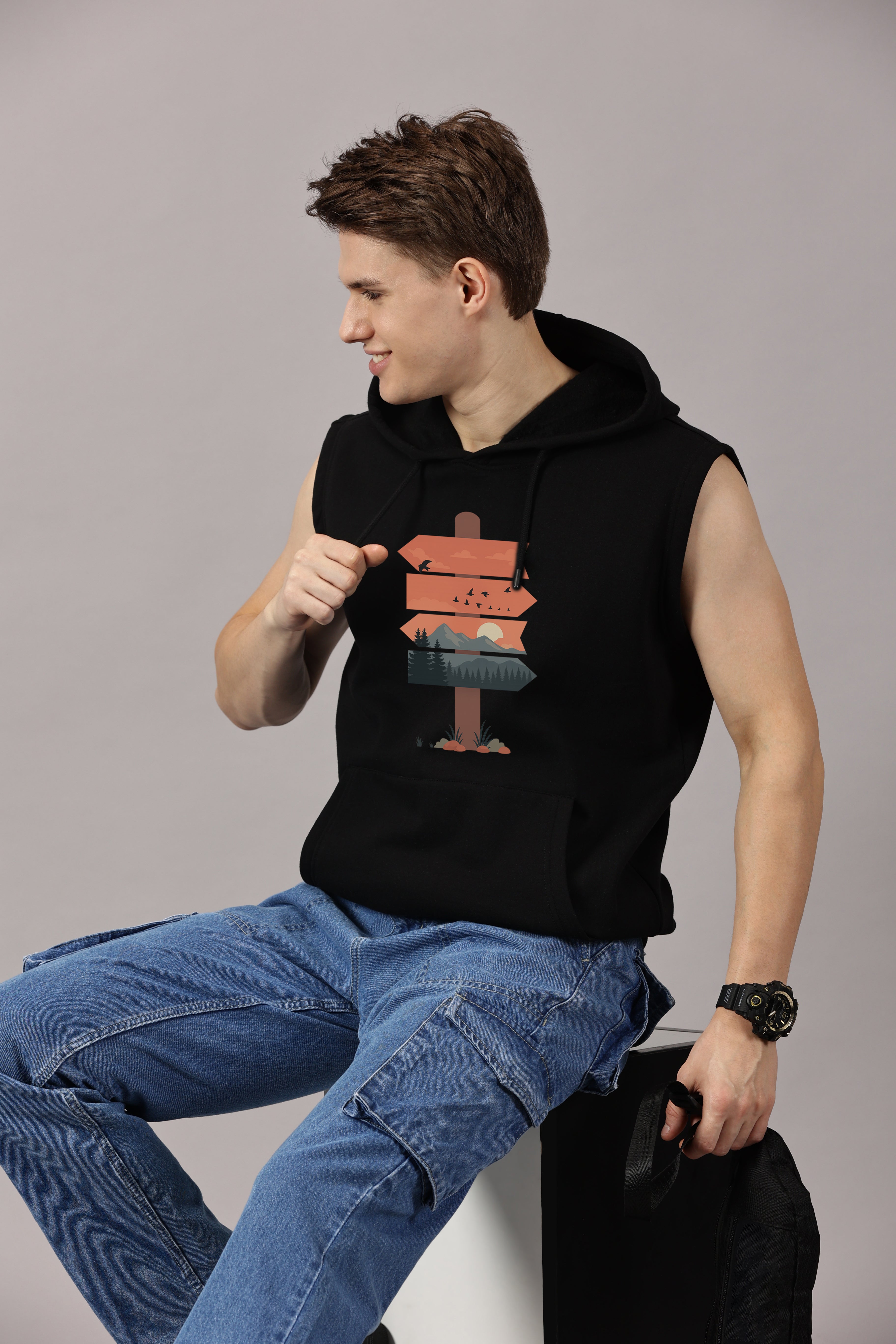 Sweatshirt :: Nature Board Printed Sleeveless Hoodie