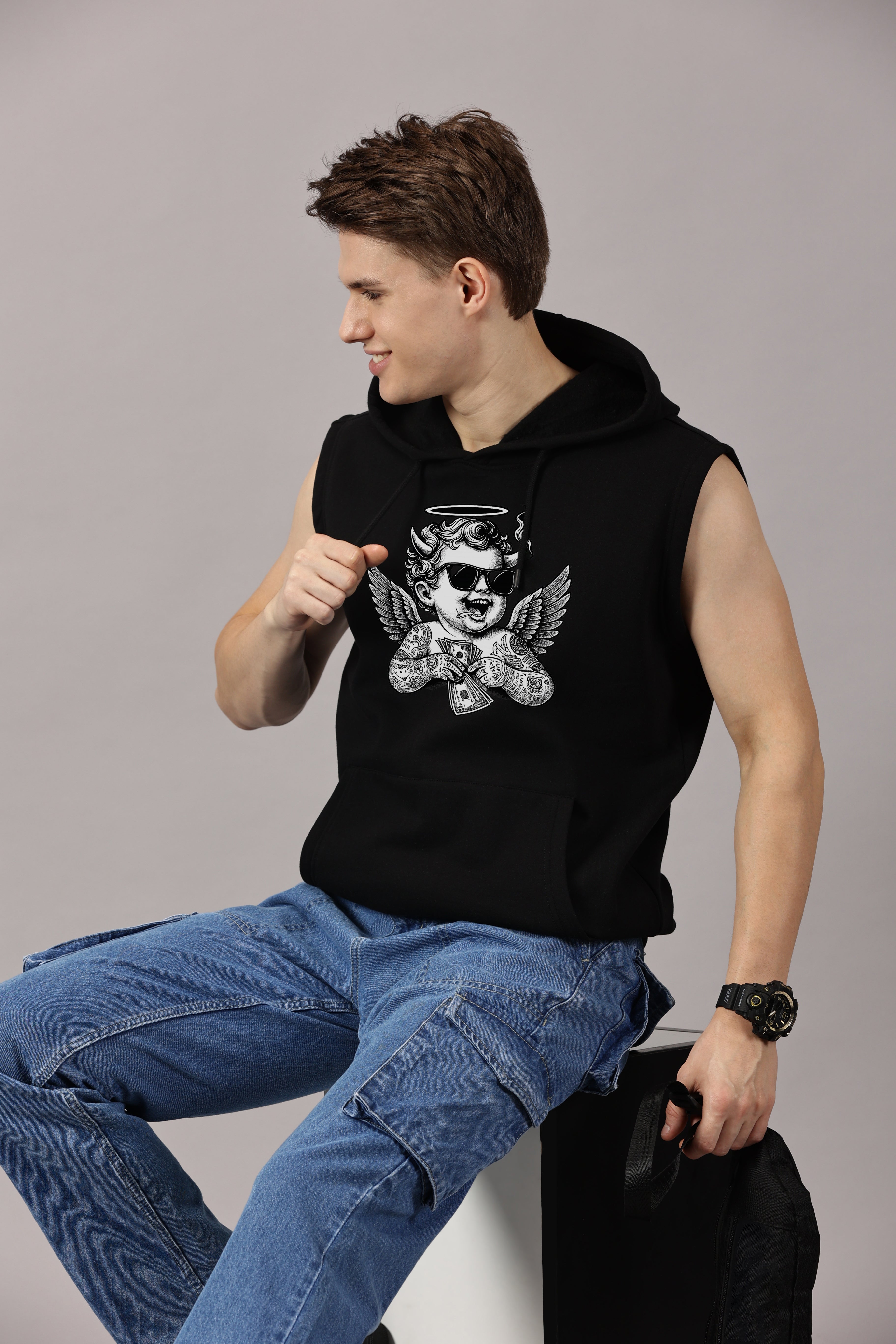 Sweatshirt :Angel Printed Sleeveless Hoodie