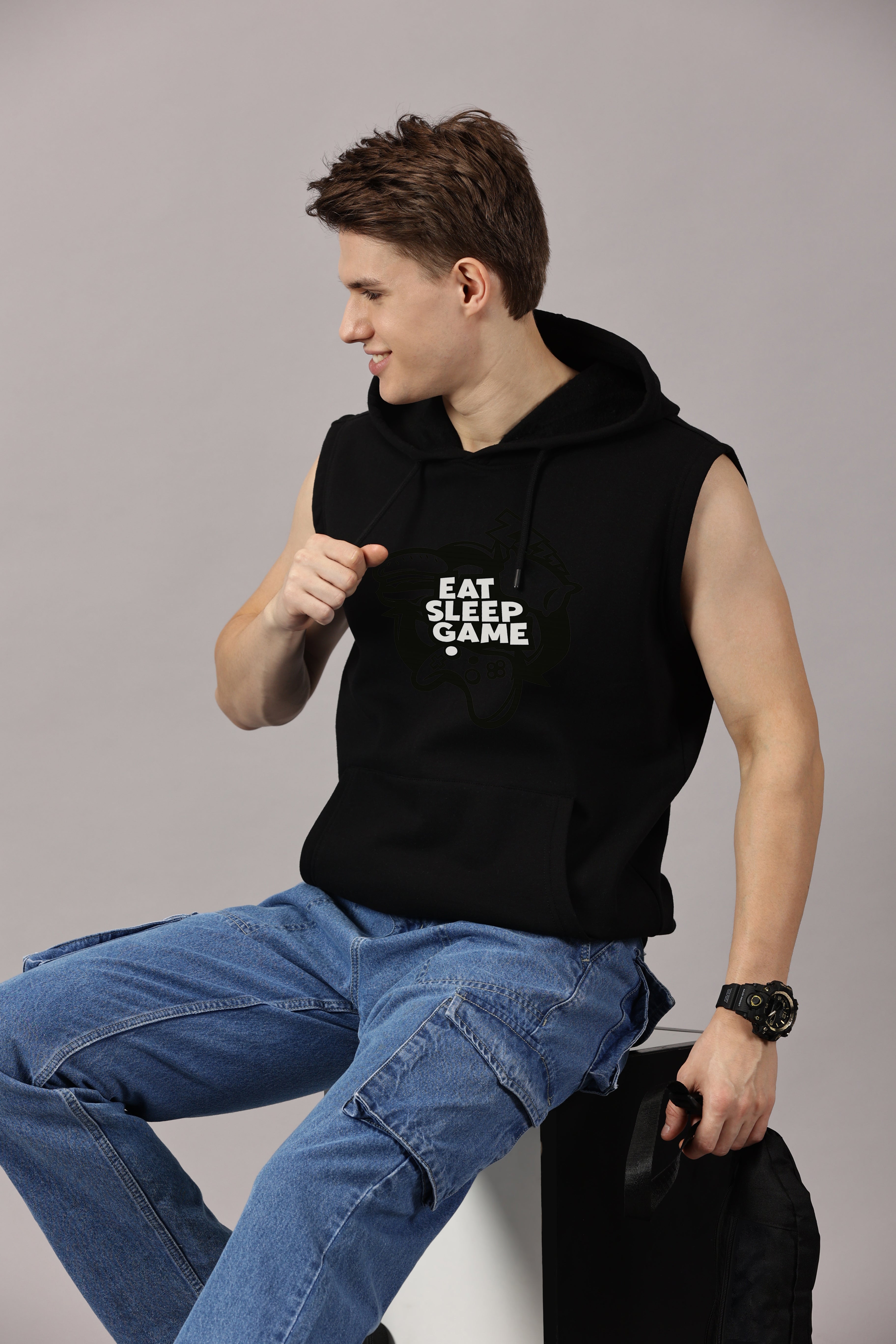 Sweatshirt ::Eat Sleep Game Printed Sleeveless Hoodie