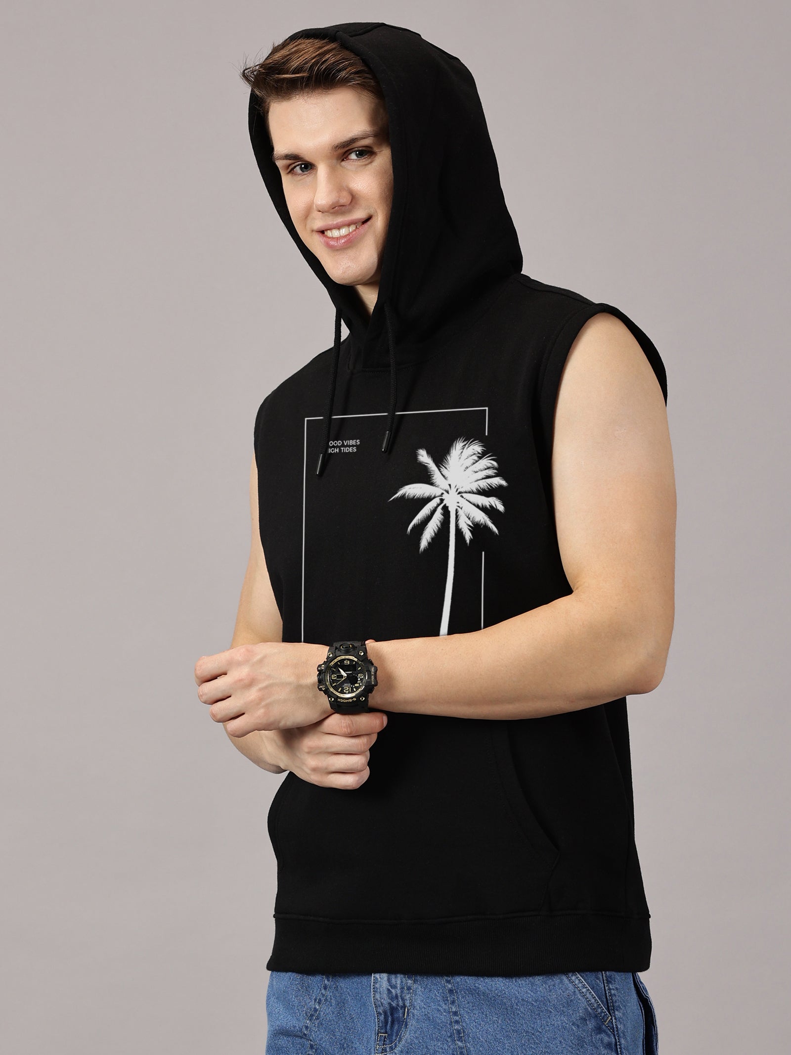 Sweatshirt ::Good Vibes Printed Sleeveless Hoodie