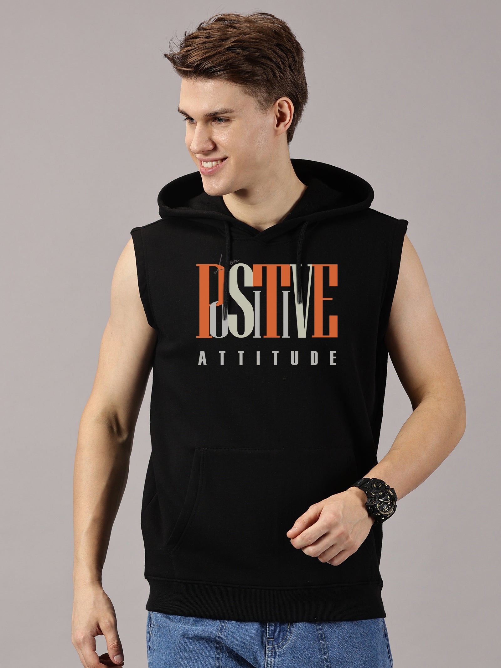 Sweatshirt :PositiveAttitude Printed Sleeveless Hoodie