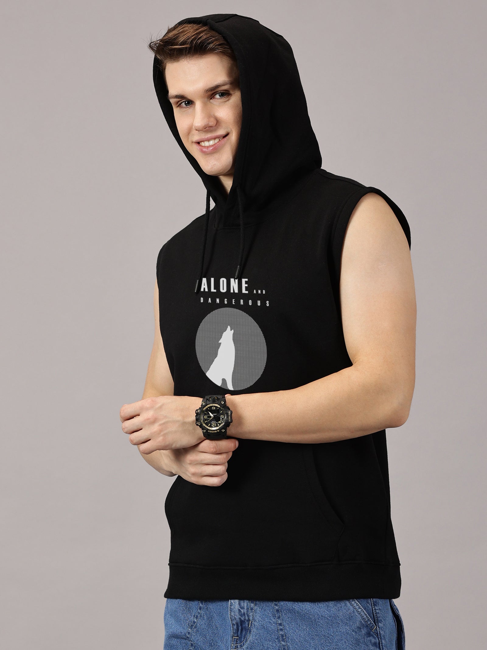 Sweatshirt :Wolf Printed Sleeveless Hoodie
