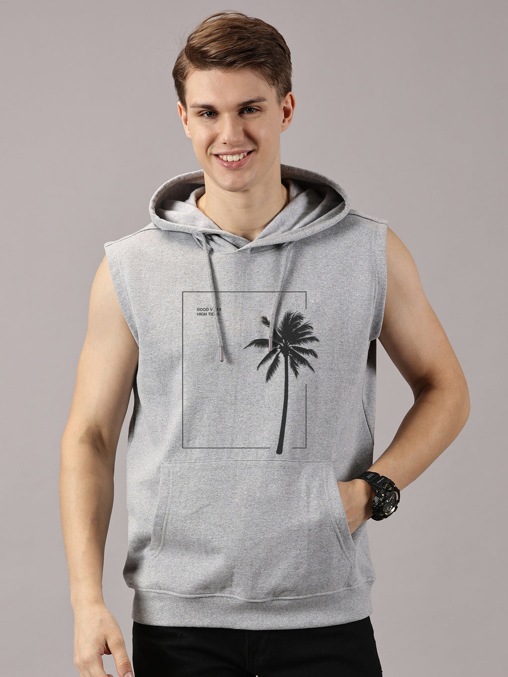 Sweatshirt ::Good Vibes Printed Sleeveless Hoodie