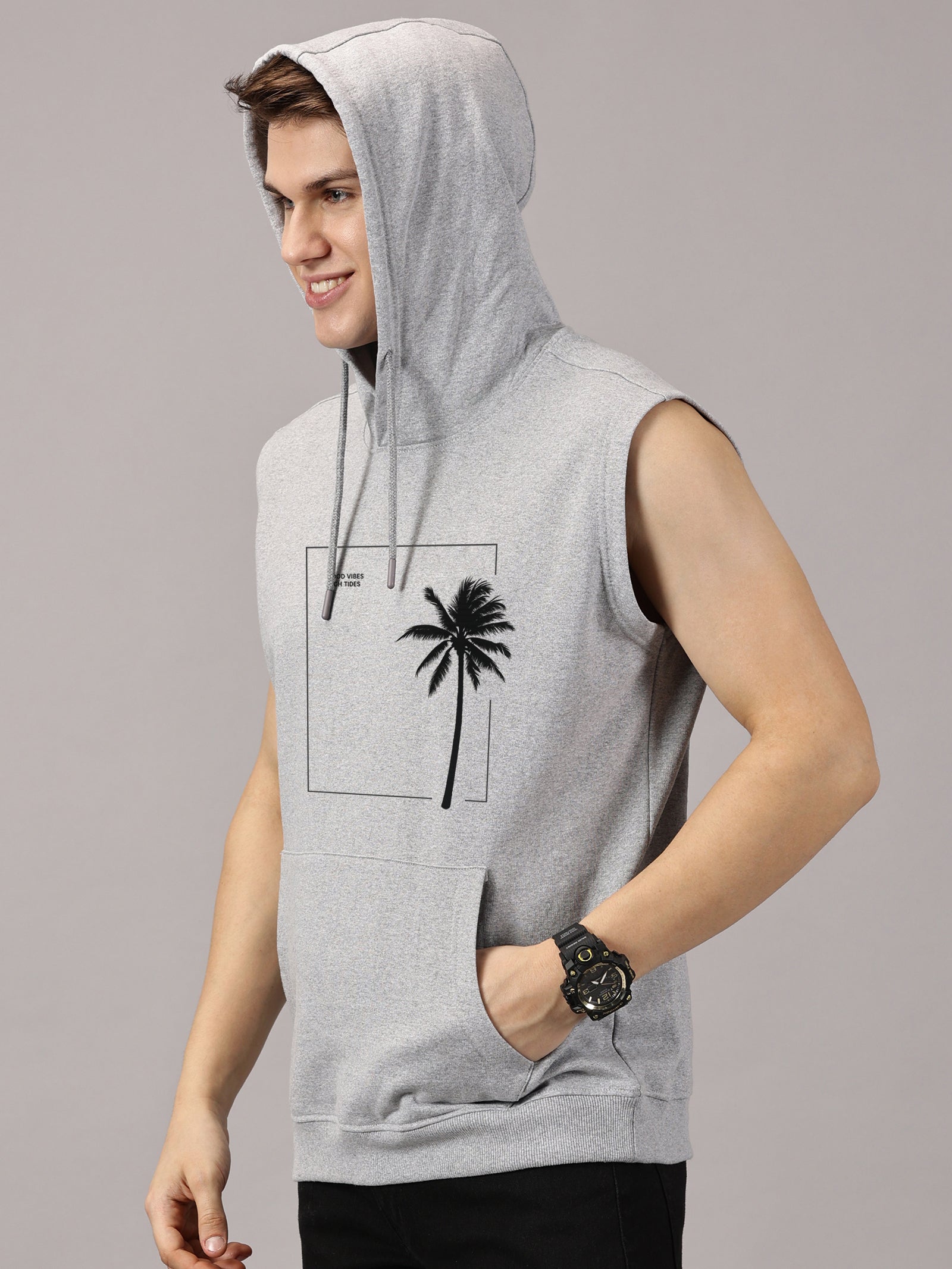 Sweatshirt ::Good Vibes Printed Sleeveless Hoodie