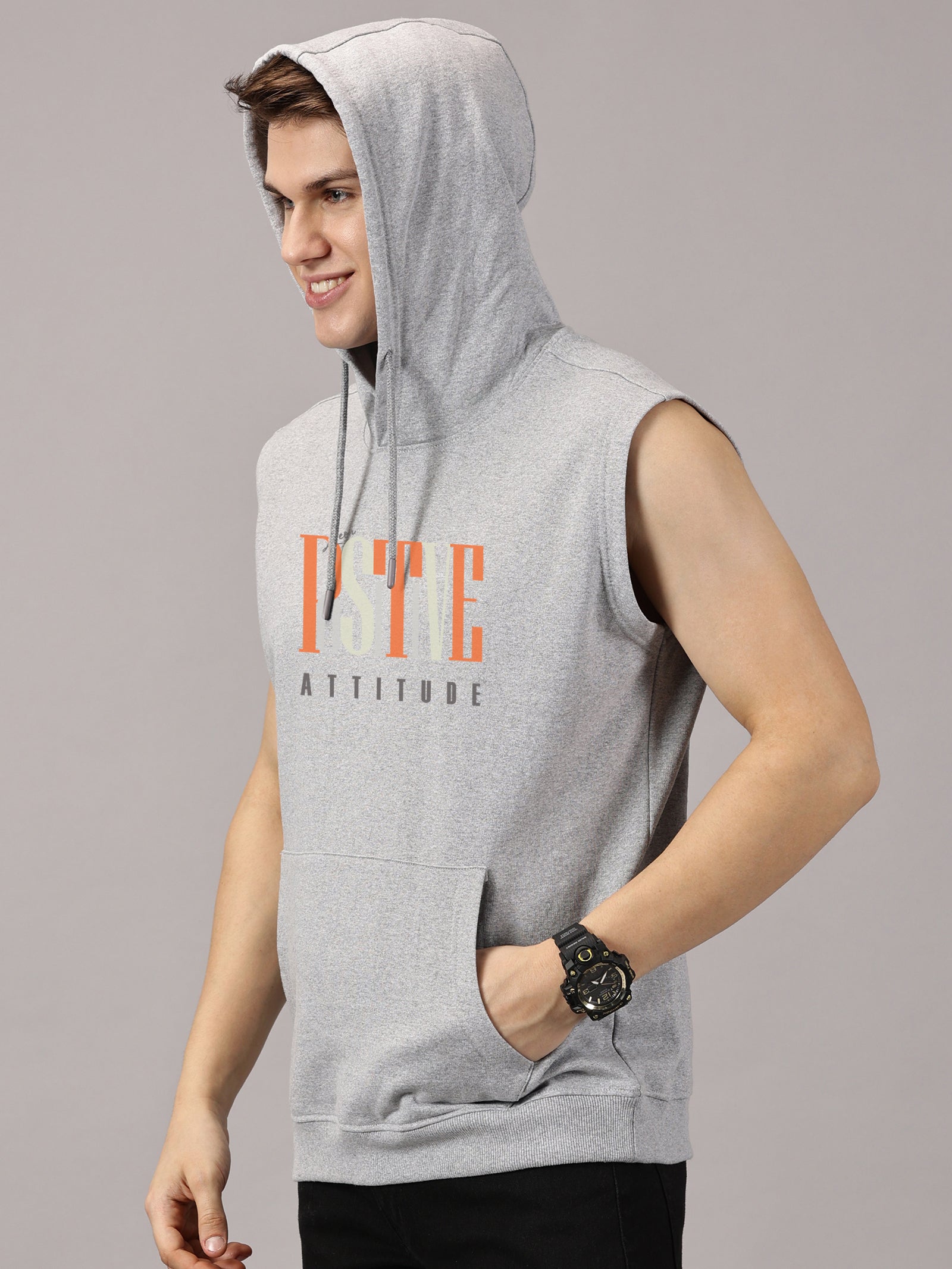 Sweatshirt :PositiveAttitude Printed Sleeveless Hoodie
