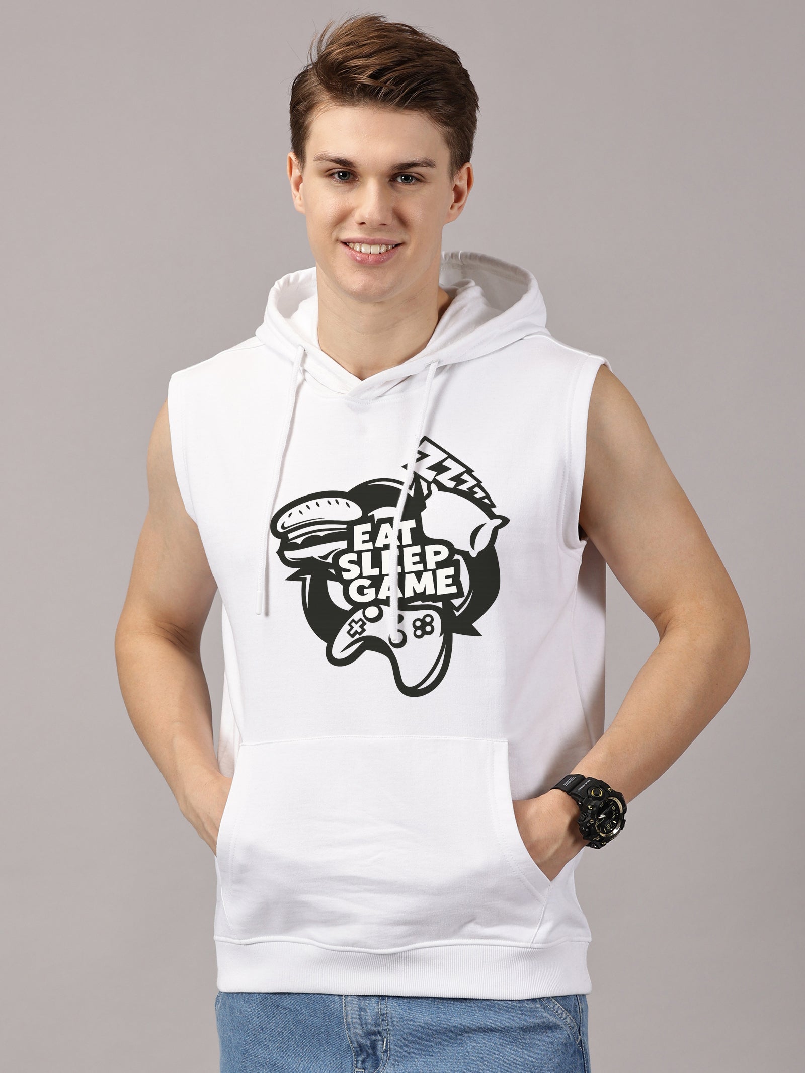 Sweatshirt ::Eat Sleep Game Printed Sleeveless Hoodie