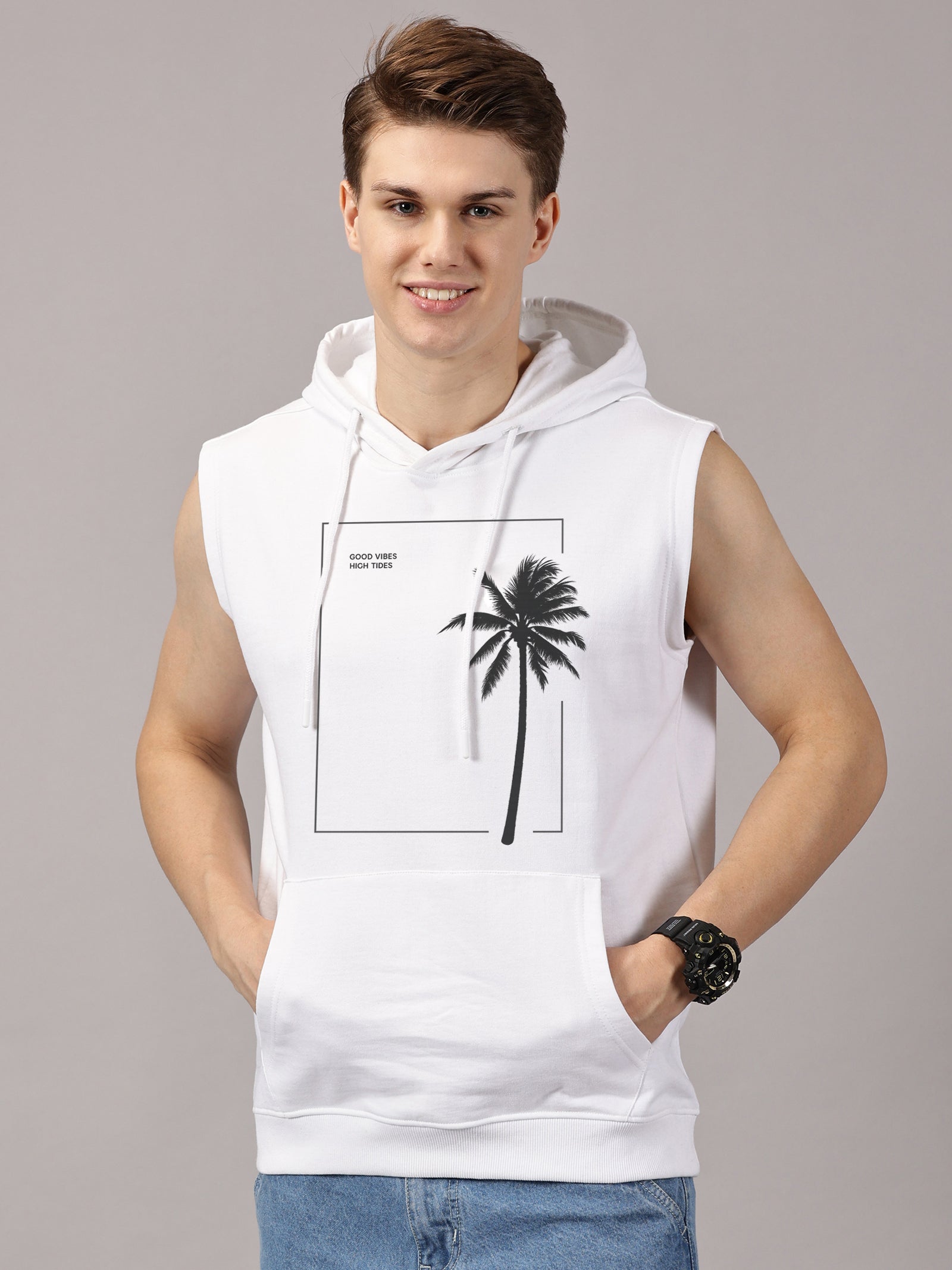 Sweatshirt ::Good Vibes Printed Sleeveless Hoodie
