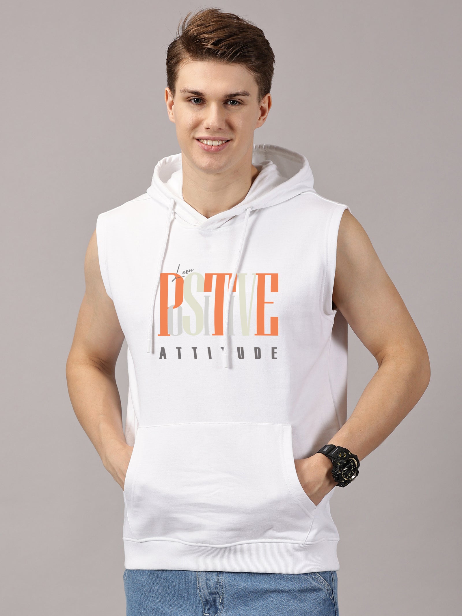 Sweatshirt :PositiveAttitude Printed Sleeveless Hoodie