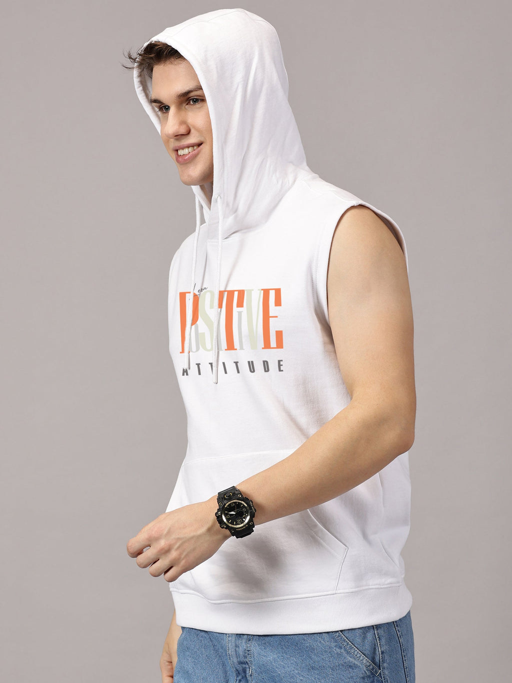 Sweatshirt :PositiveAttitude Printed Sleeveless Hoodie