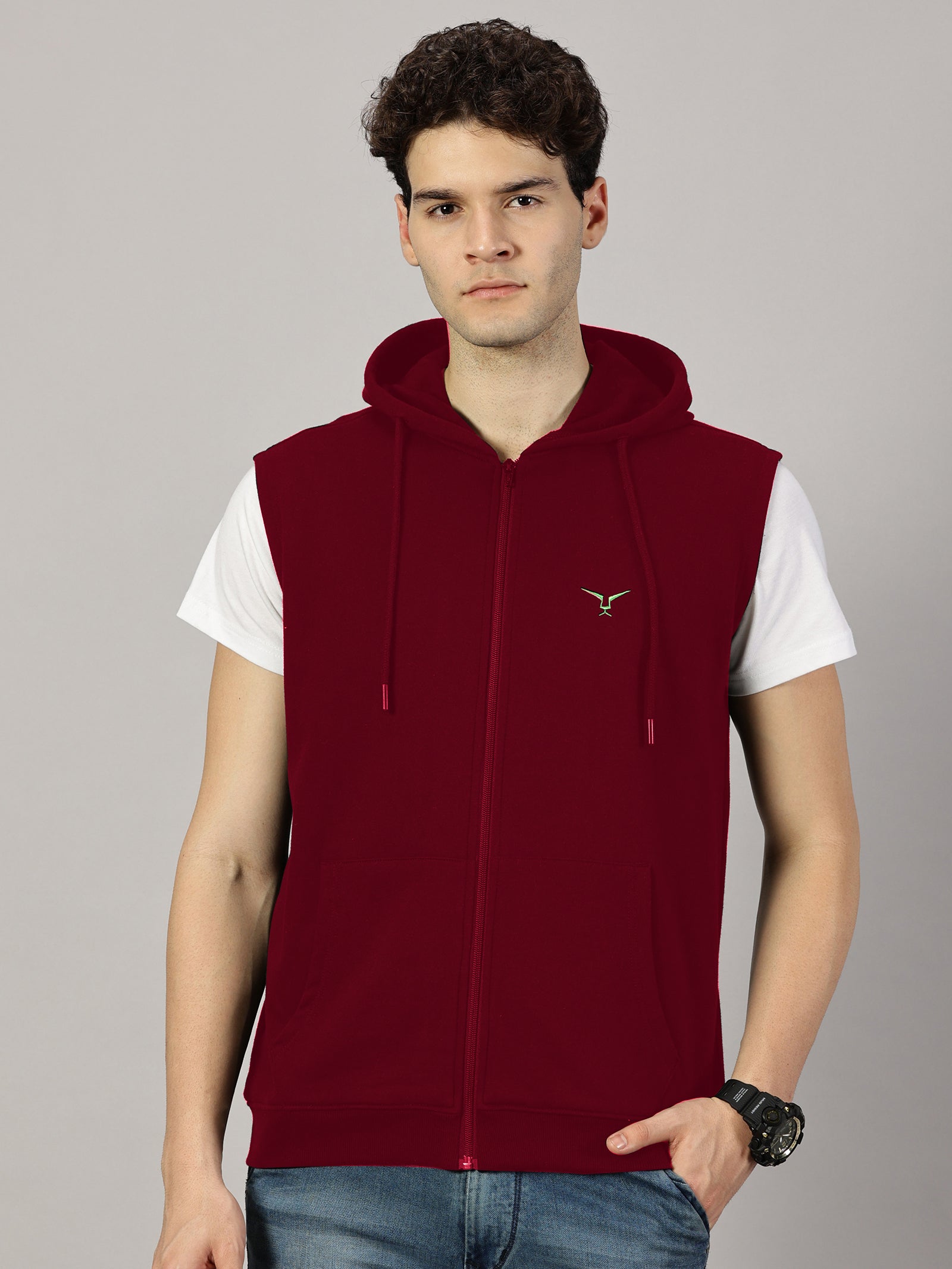 Sweatshirt :Solid Zipper Sleeveless Hoodie