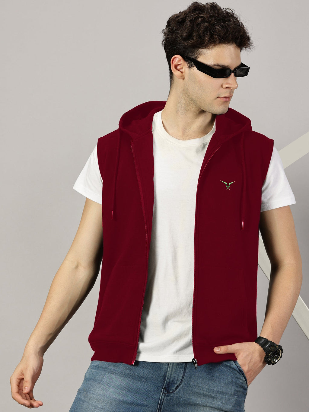 Sweatshirt :Solid Zipper Sleeveless Hoodie