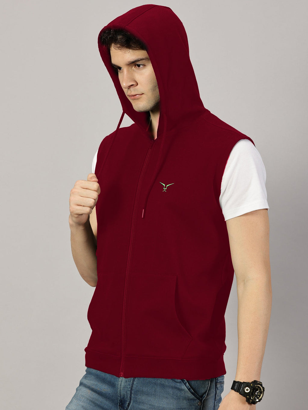 Sweatshirt :Solid Zipper Sleeveless Hoodie