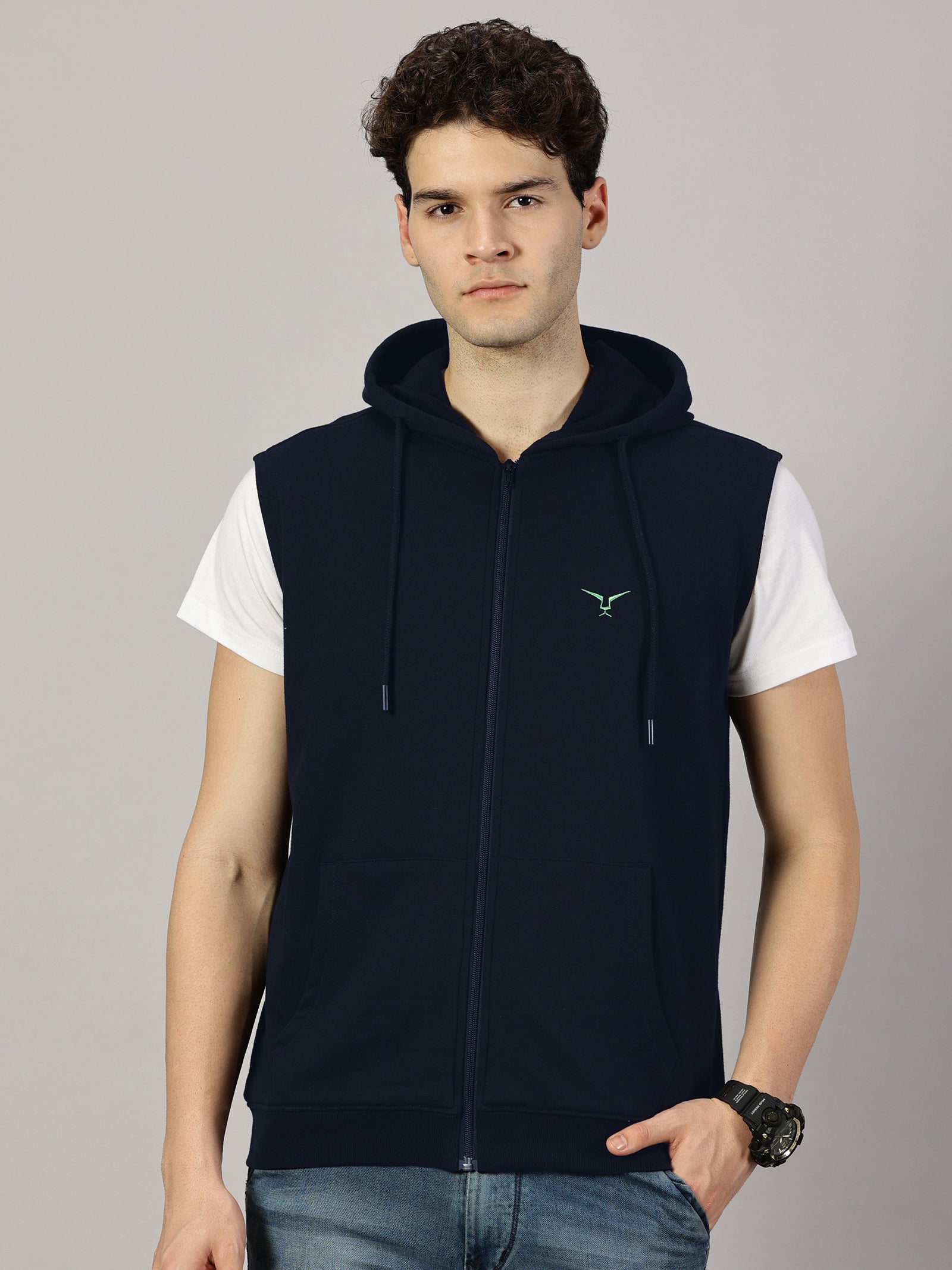 Sweatshirt :Solid Zipper Sleeveless Hoodie