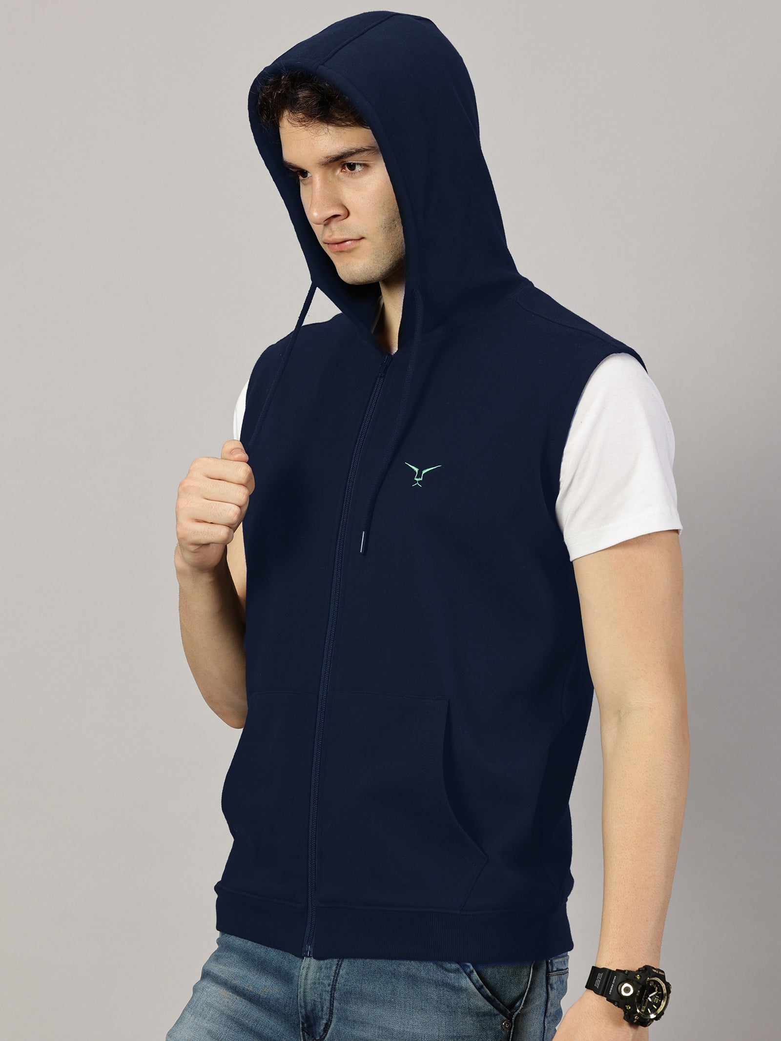 Sweatshirt :Solid Zipper Sleeveless Hoodie