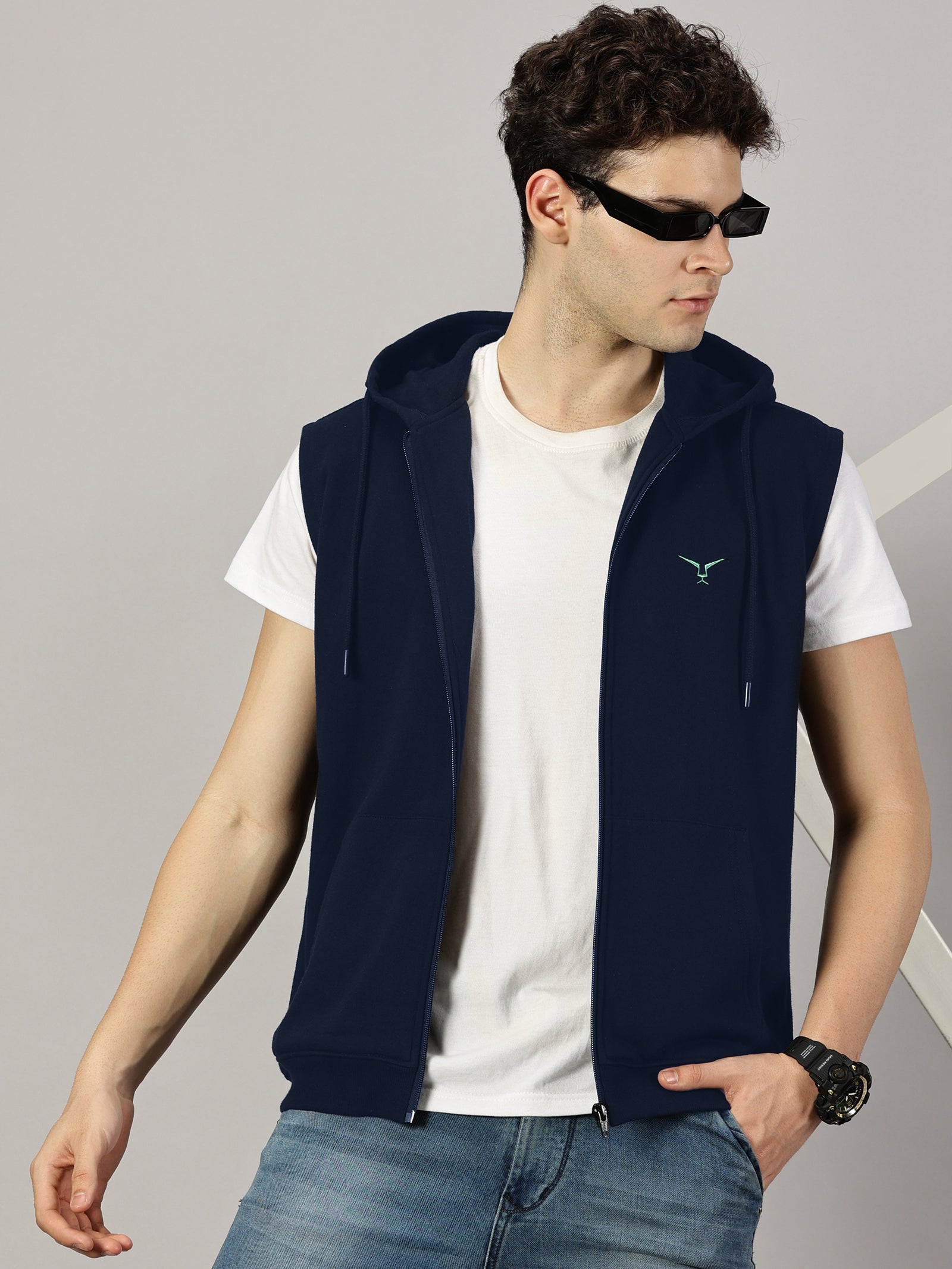 Sweatshirt :Solid Zipper Sleeveless Hoodie
