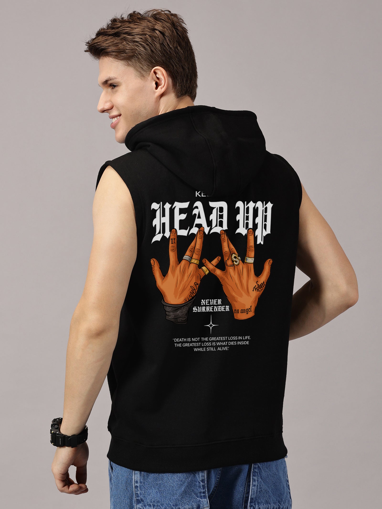 Sweatshirt ::Head Up Printed Sleeveless Hoodie