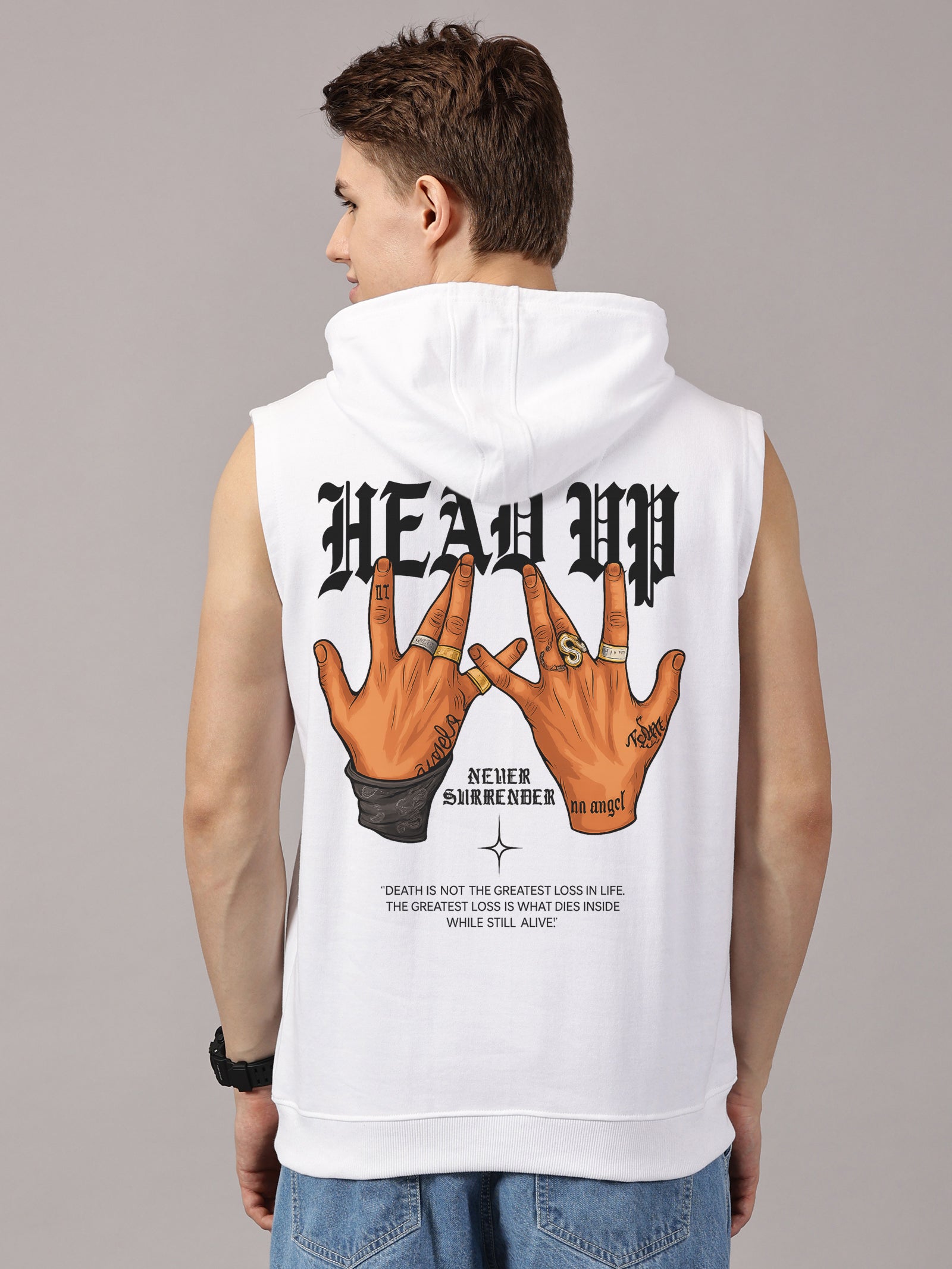 Sweatshirt ::Head Up Printed Sleeveless Hoodie