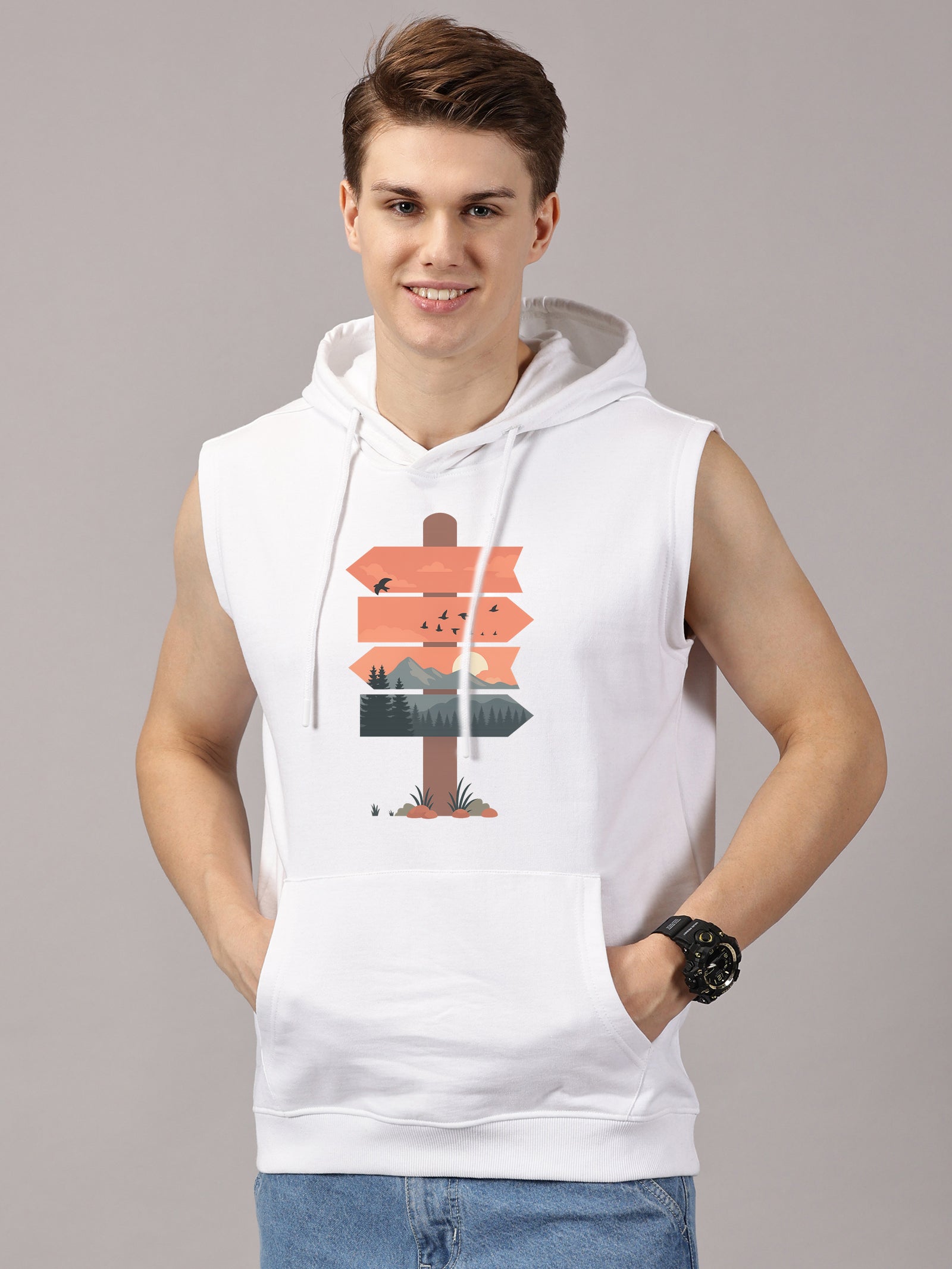 Sweatshirt :: Nature Board Printed Sleeveless Hoodie