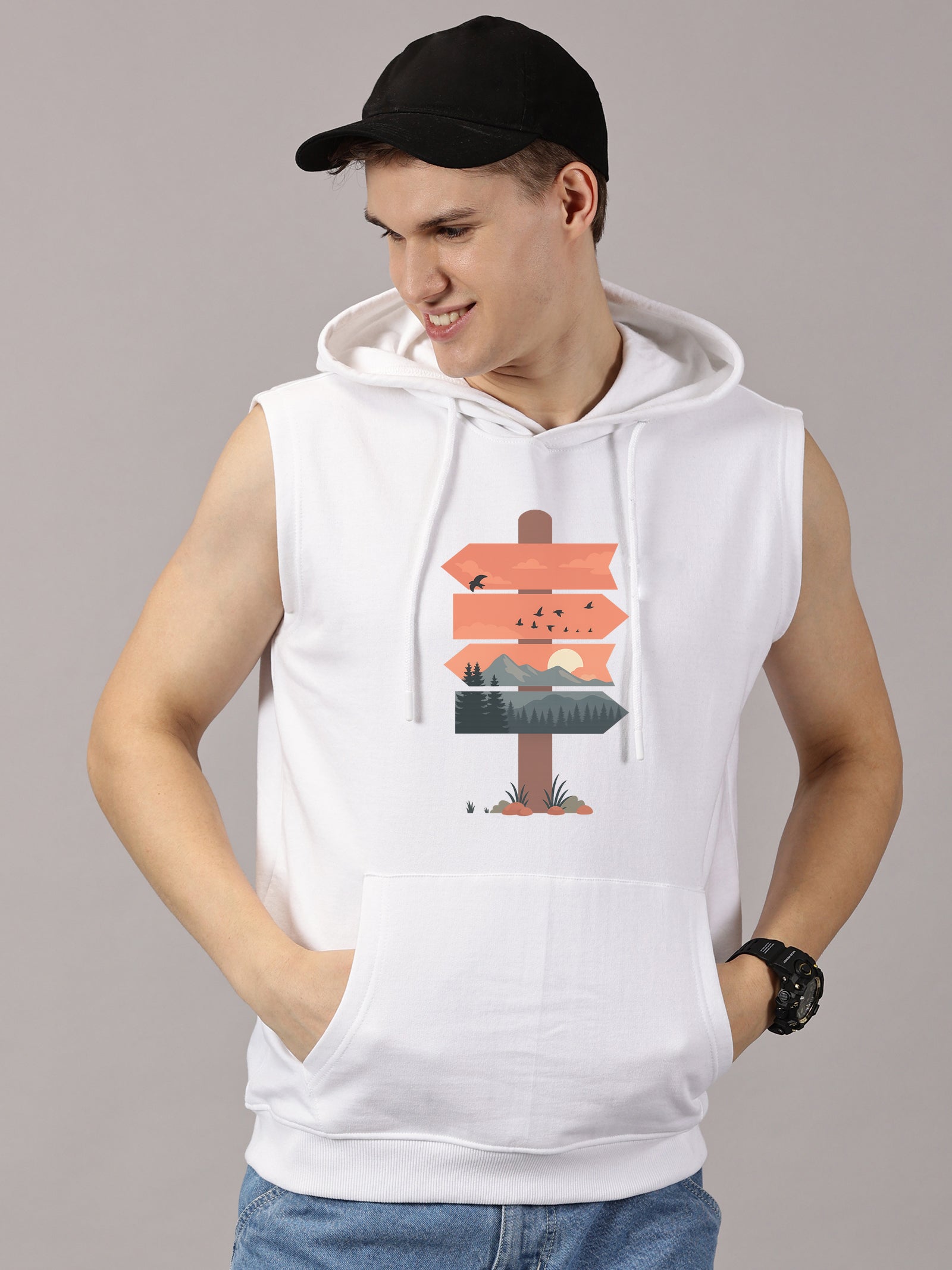 Sweatshirt :: Nature Board Printed Sleeveless Hoodie