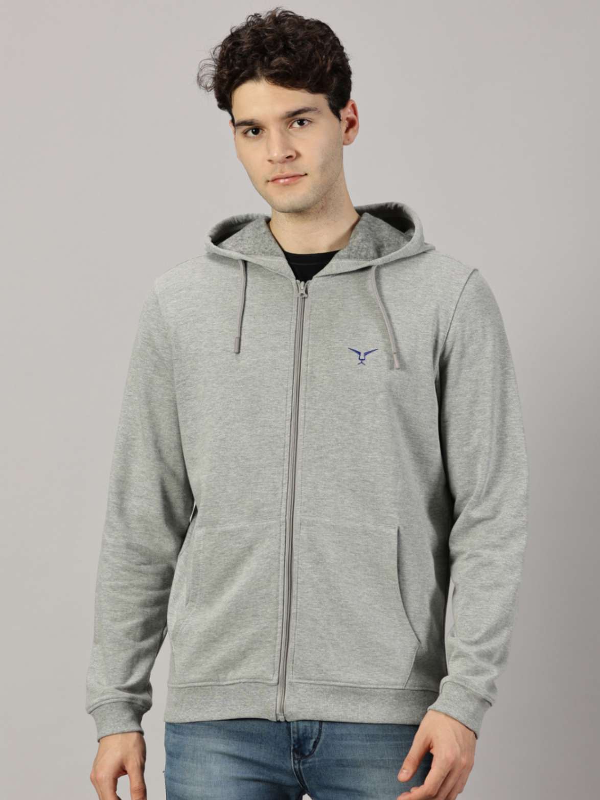 LEON Mens Solid Regular Fit Zipper Grey Hoody