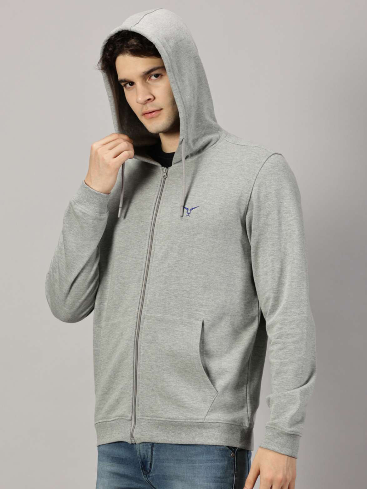 LEON Mens Solid Regular Fit Zipper Grey Hoody