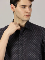 LEON Mens Floral printed Slim Fit Off White Halfsleeve Navy Shirt
